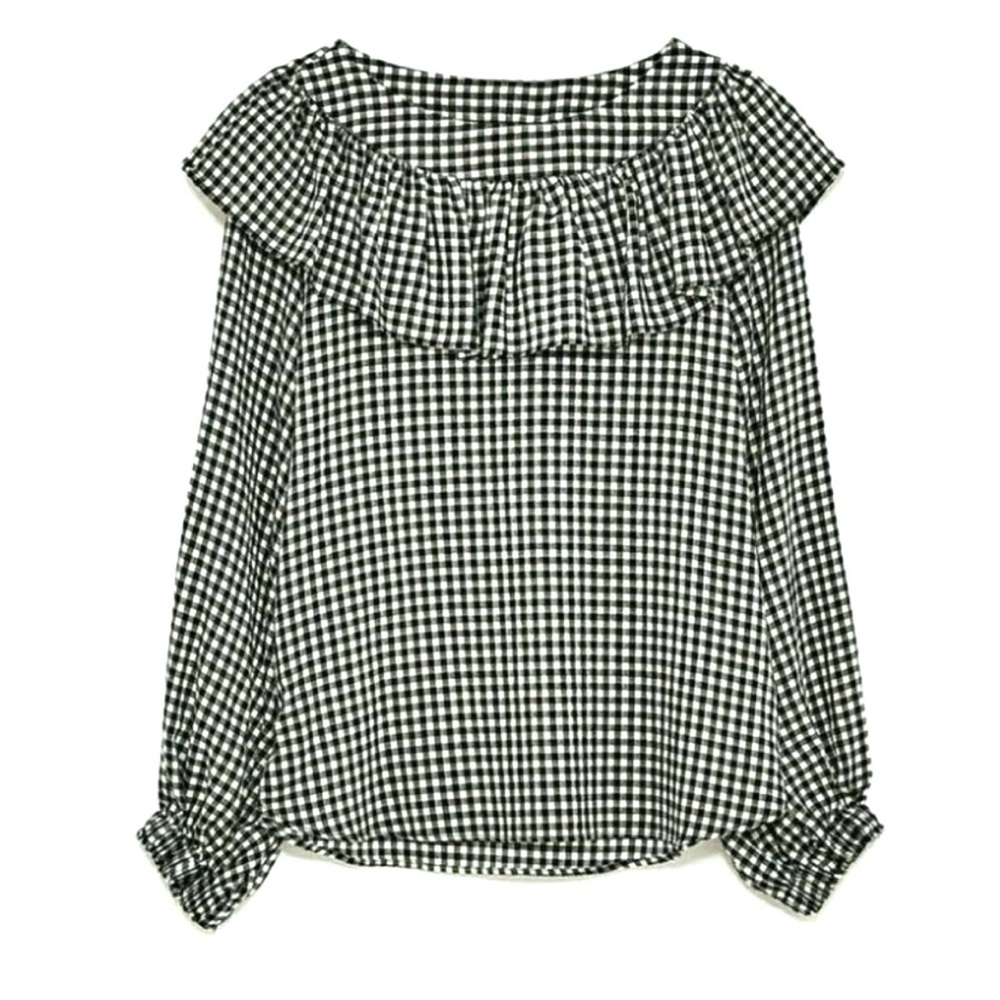Zara Black & White Gingham Long Sleeve Top - Ruffle Plaid Neckline
MEDIUM - Picture 2 of 14